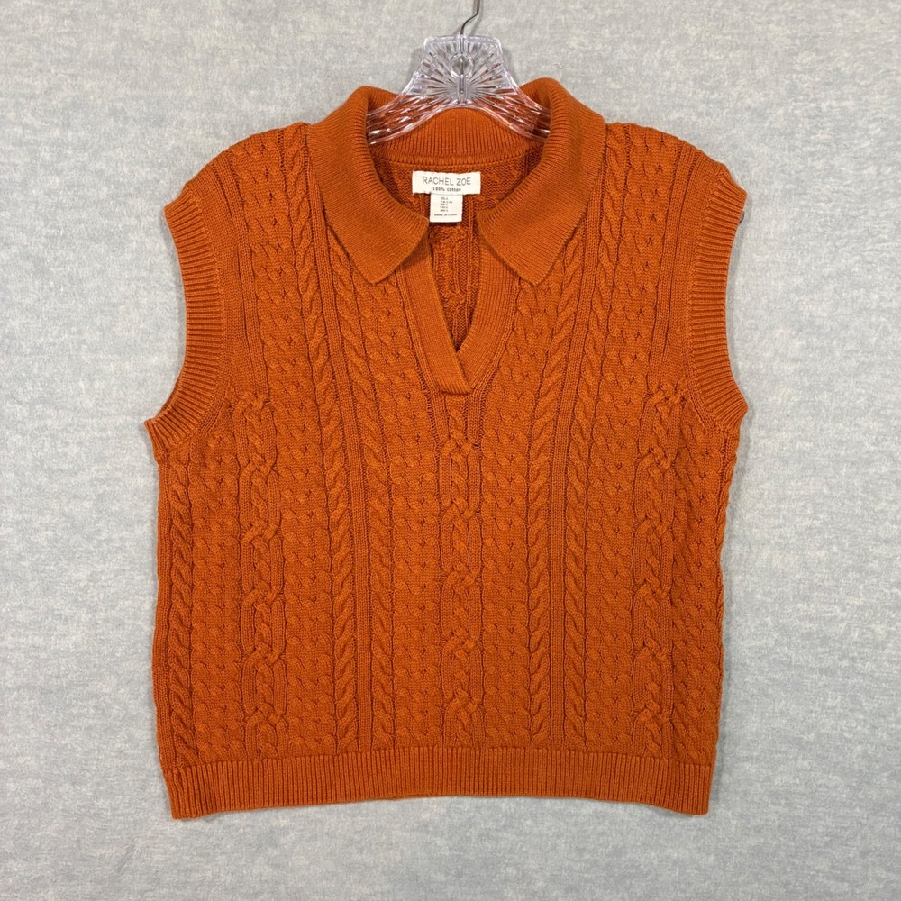 Rachel Zoe Burnt Orange Cable Knit Cotton Polo Sweater Vest Women Large